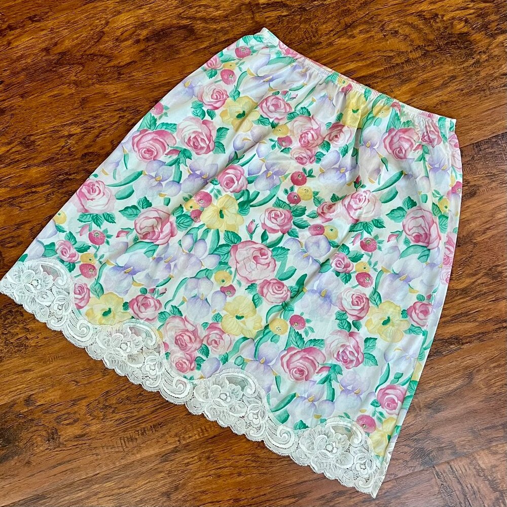 Vintage Pastel Floral Mid-length Slip Skirt with White Lace Detail